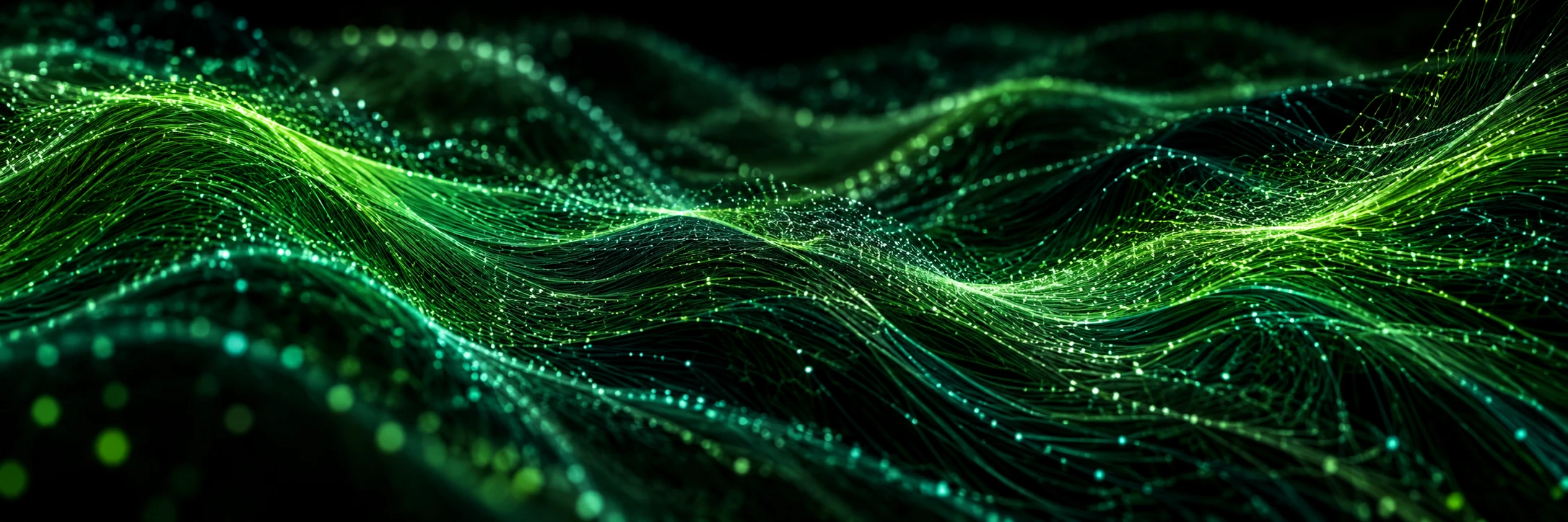 Visual conceptual de flujos de información verdes sobre fondo oscuro